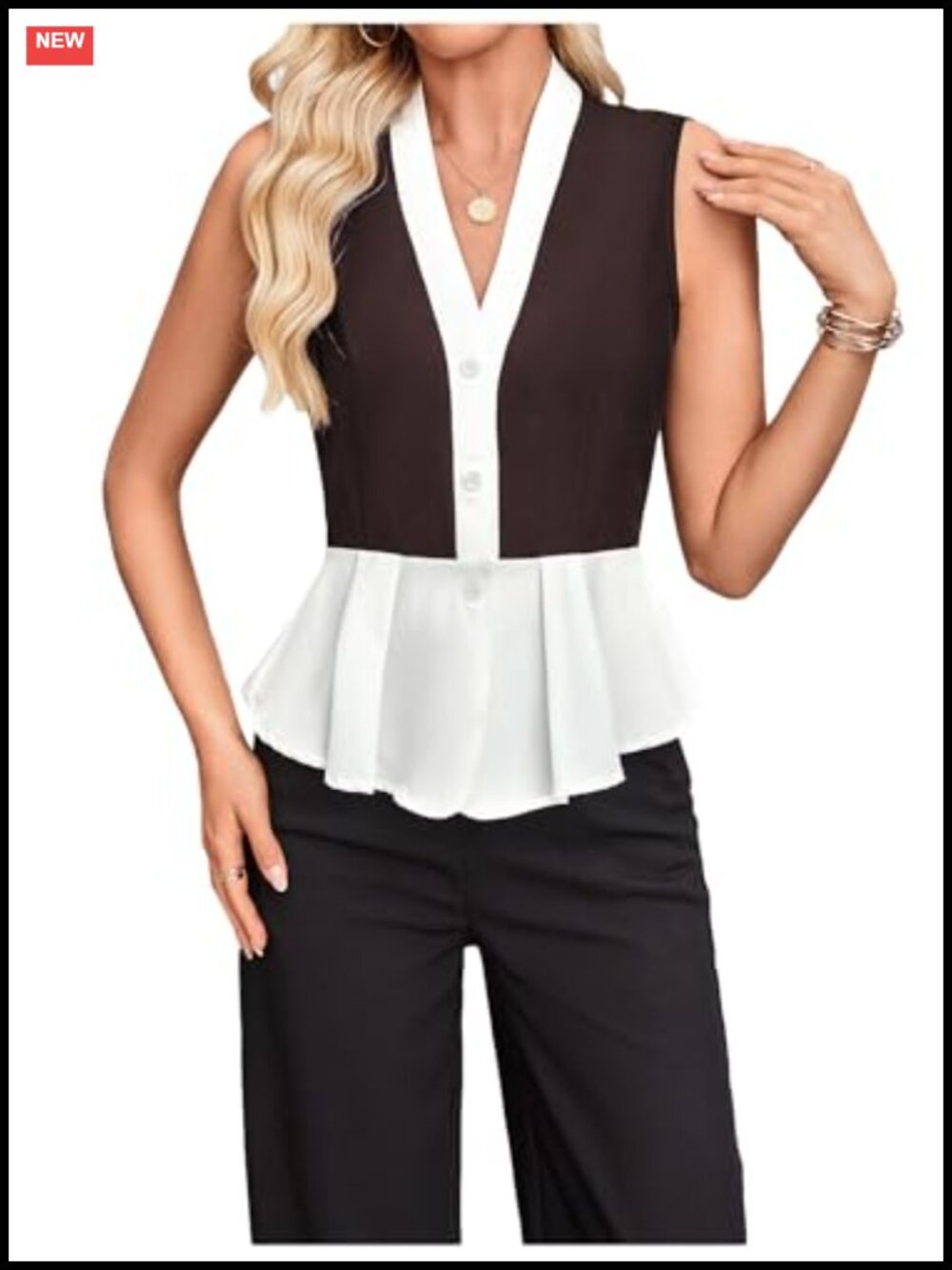 SweatyRocks Women's Button Down Blouse Ruffle Work Shirts Sleeveless V Neck